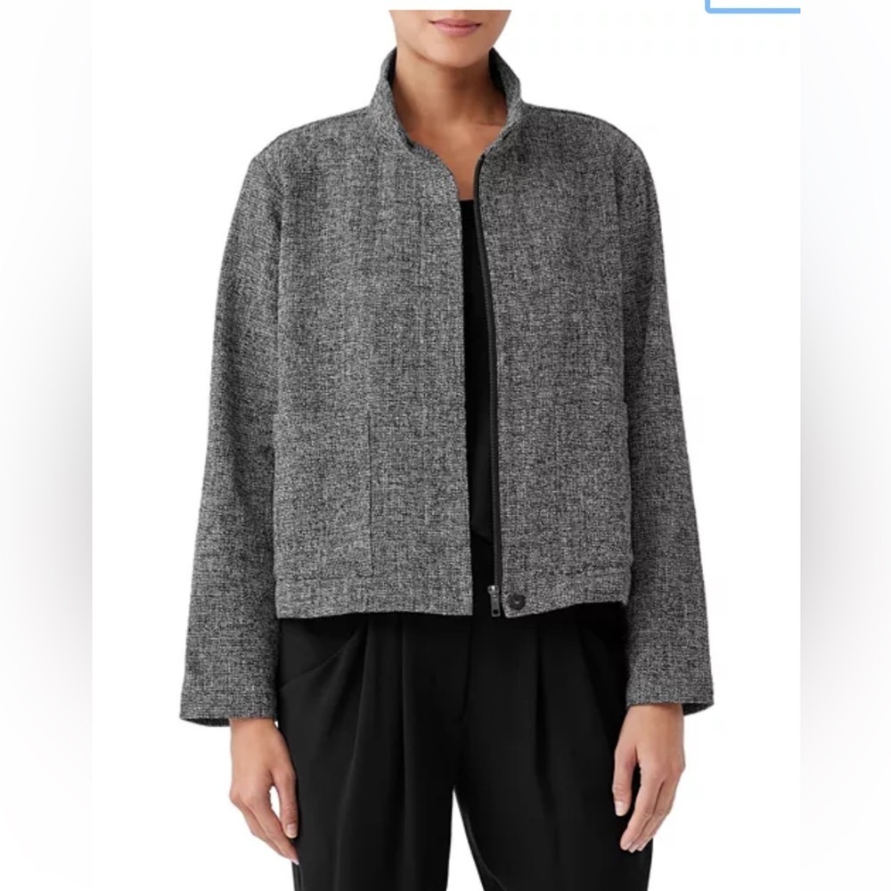 Eileen Fisher Organic Cotton Tweed Stand Collar Jacket Size XL
